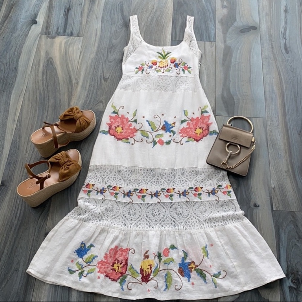 Stunning Farm Rio Embroidered Linen Maxi Dress - Picture 2 of 5